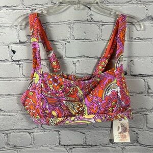 Jessica Simpson Bikini Top Square Neck Retro Print Tie Mandarin Multicolor L NWT